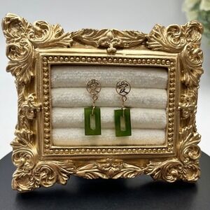 Chinese Love Character 14k Yellow Gold Green Rect Spinach Jade Dangle Earrings